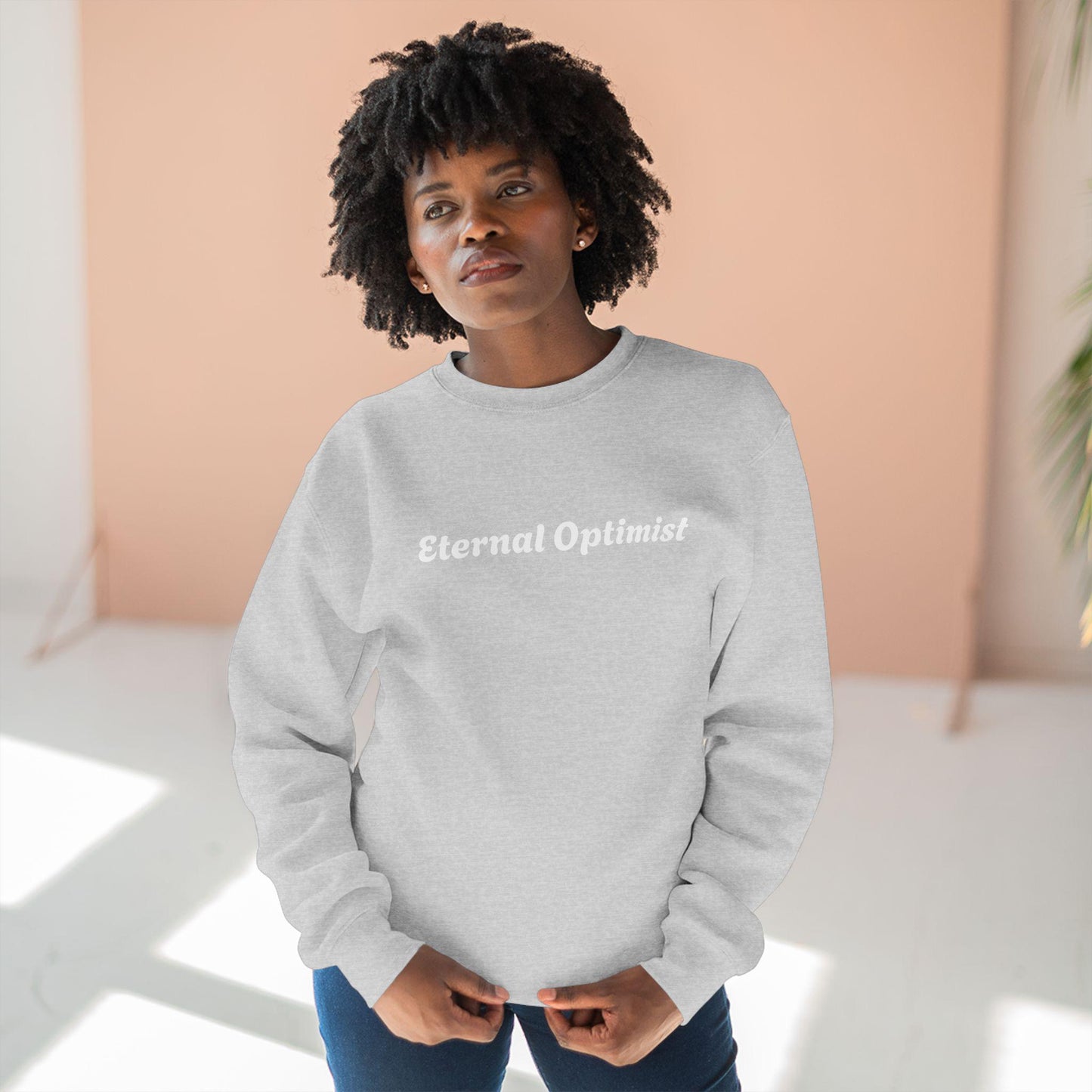 Embrace comfort and positivity with this stylish Unisex Crewneck Sweatshirt., optimism, eternal, trendy, rizz, custom, boyfriend sweater