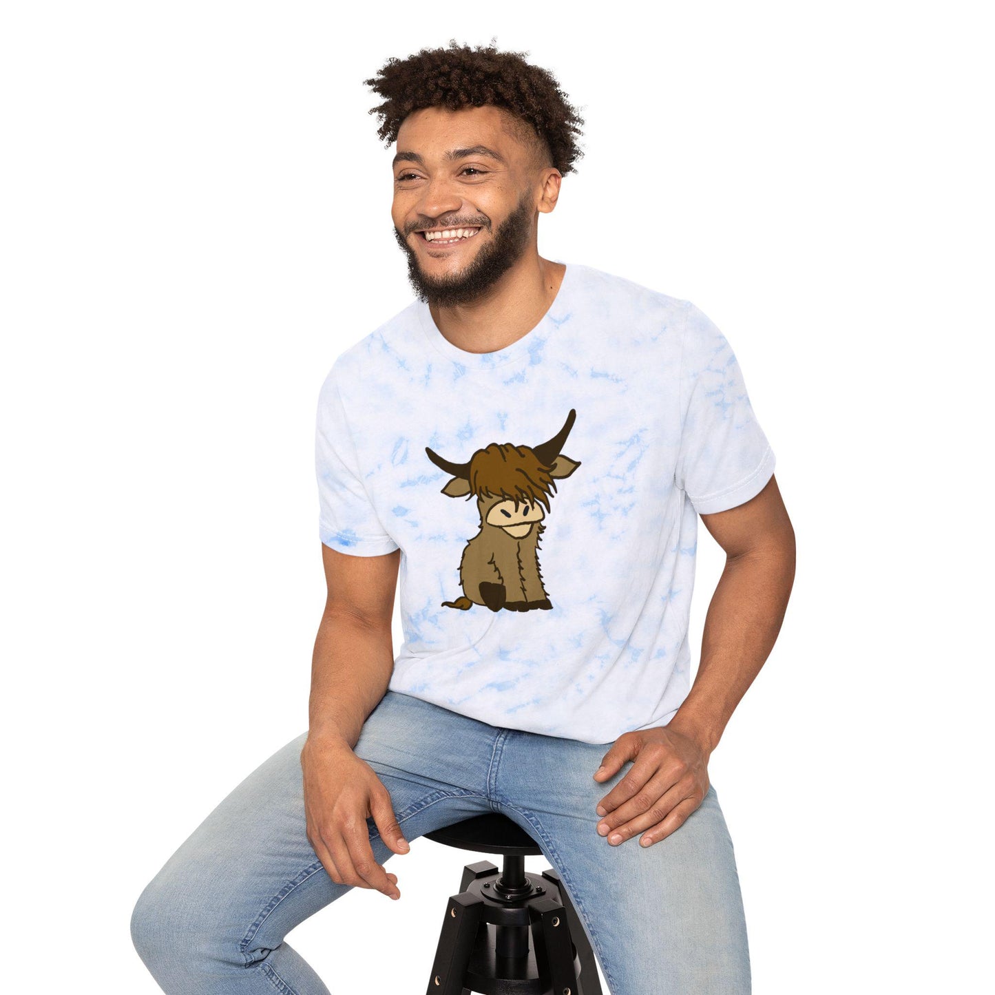 Unisex Tie-Dyed Graphic T-Shirt with Highland Cow Design, custom, boyfriend tee, festival, bohemian