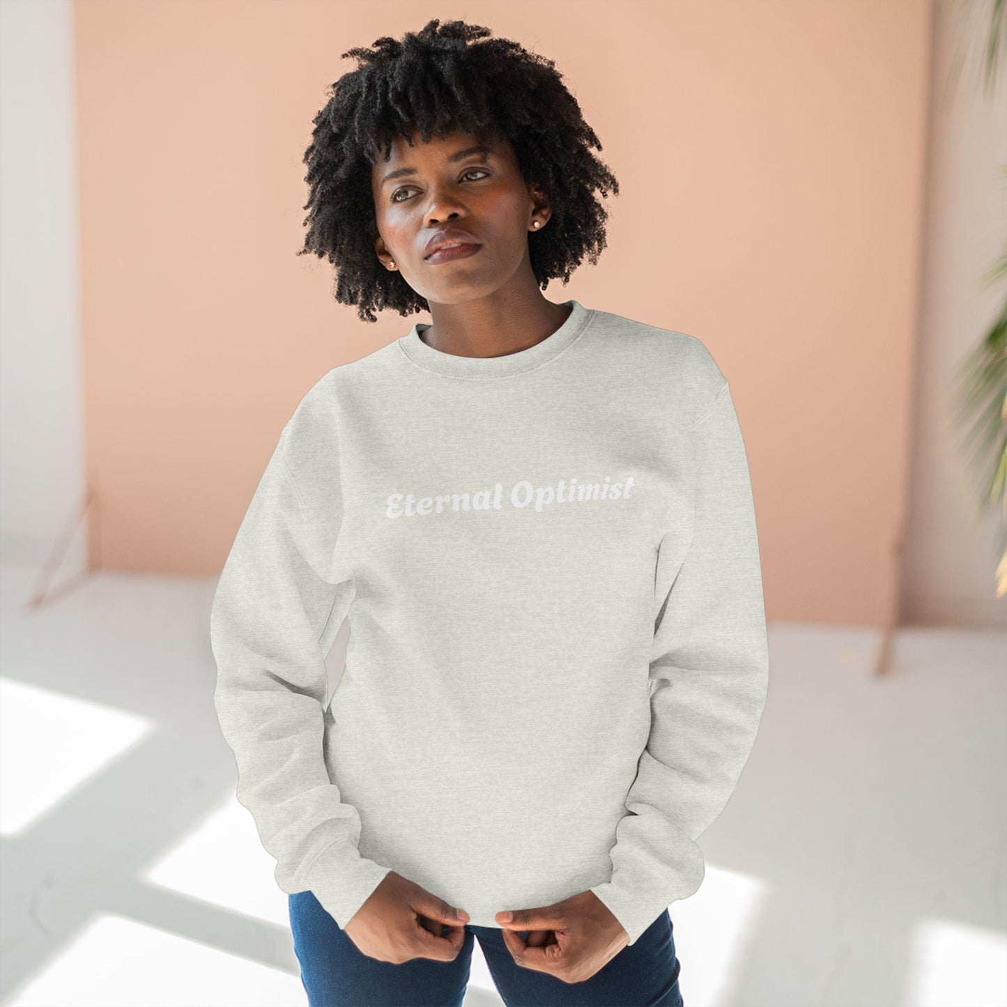 Embrace comfort and positivity with this stylish Unisex Crewneck Sweatshirt., optimism, eternal, trendy, rizz, custom, boyfriend sweater