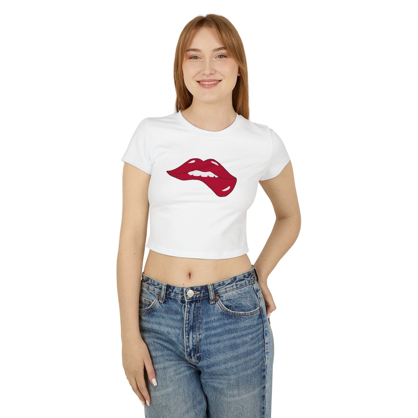 Women's Biting Lip Print Baby Tee - Fun & Stylish Short Sleeve Top for Casual Outings