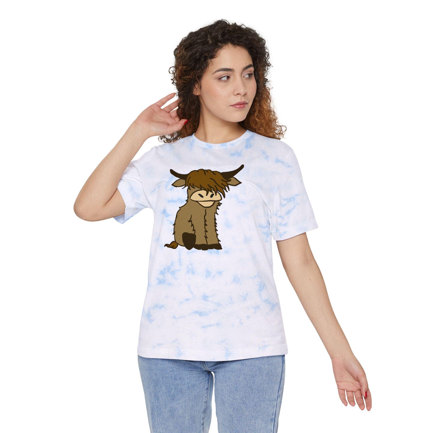 Unisex Tie-Dyed Graphic T-Shirt with Highland Cow Design, custom, boyfriend tee, festival, bohemian