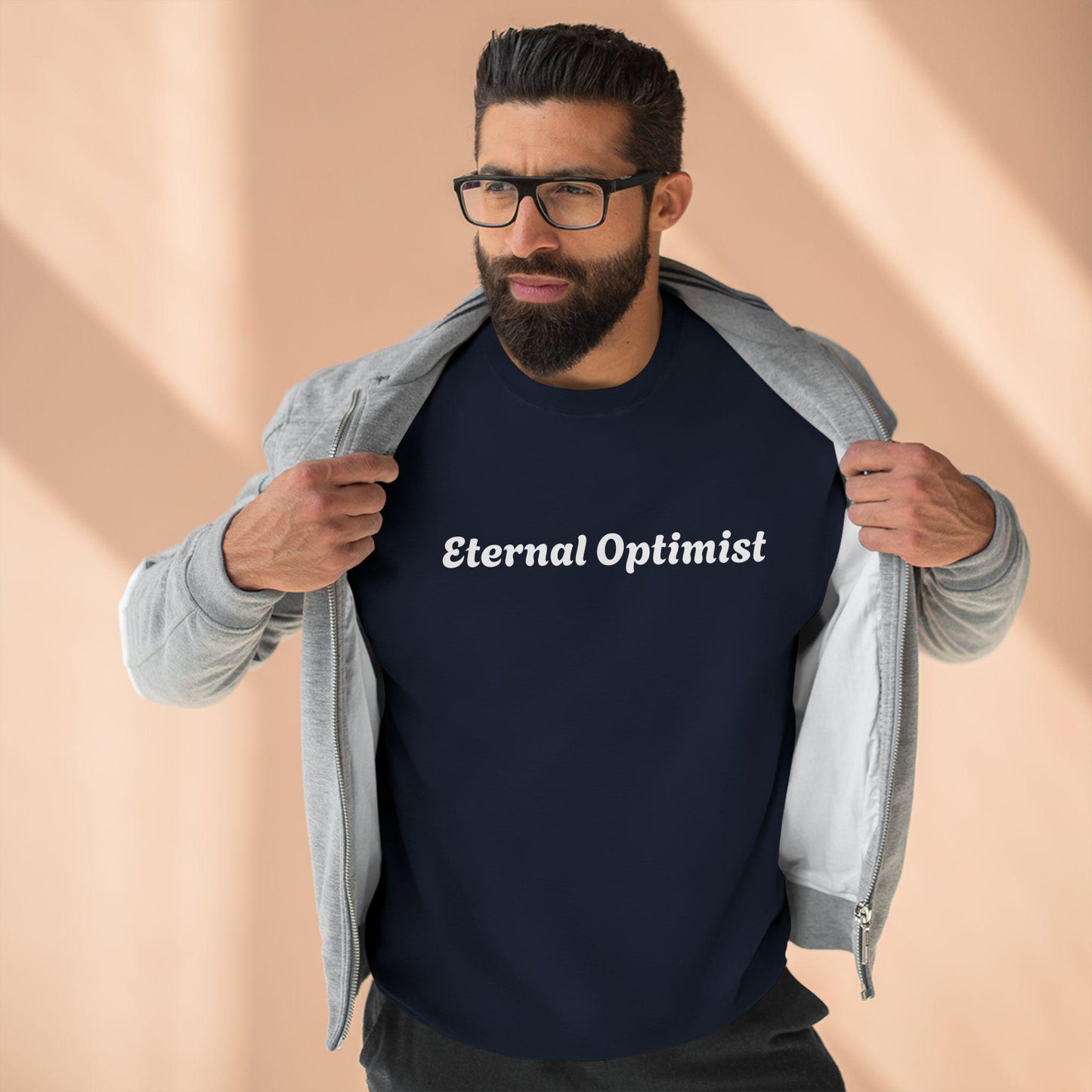 Embrace comfort and positivity with this stylish Unisex Crewneck Sweatshirt., optimism, eternal, trendy, rizz, custom, boyfriend sweater
