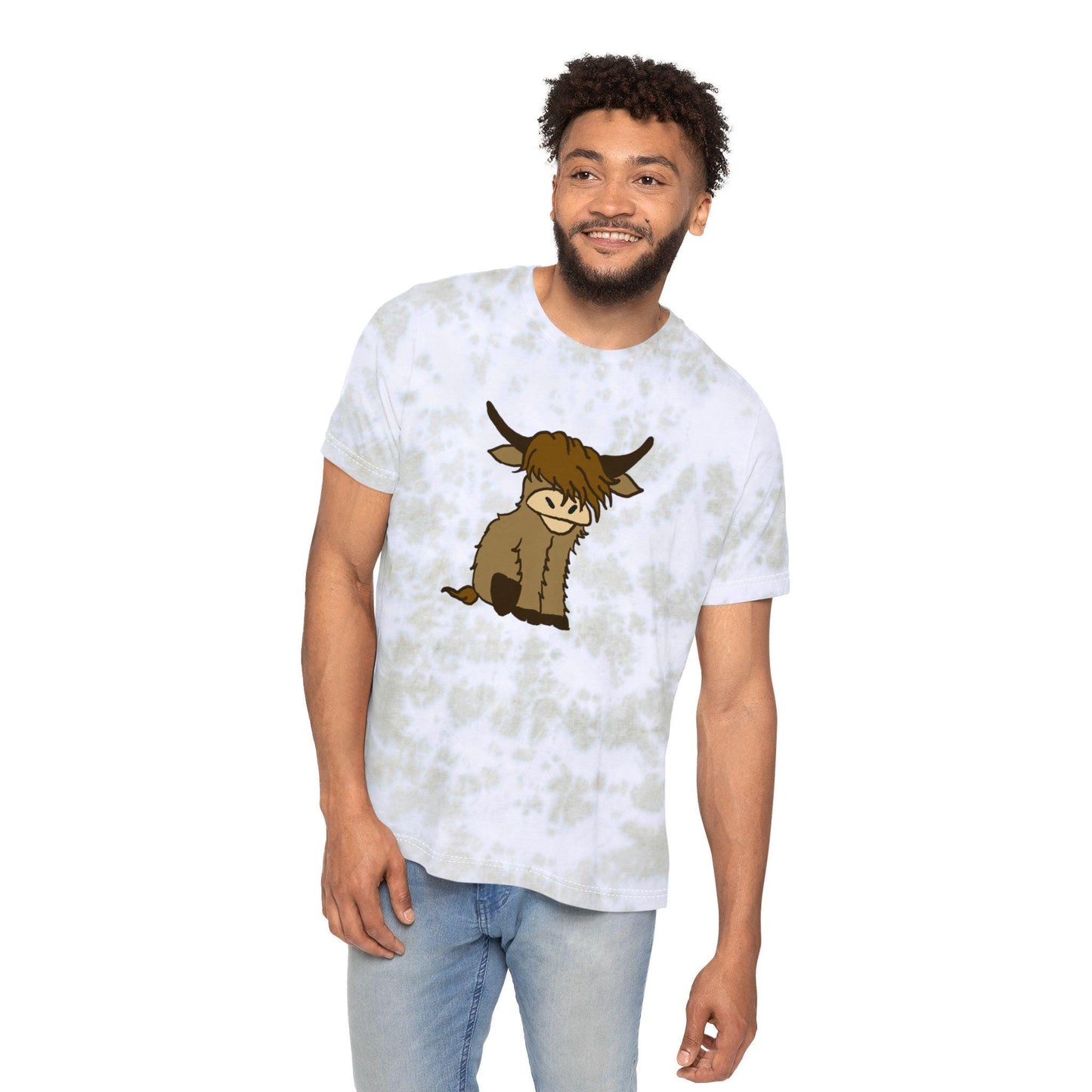 Unisex Tie-Dyed Graphic T-Shirt with Highland Cow Design, custom, boyfriend tee, festival, bohemian