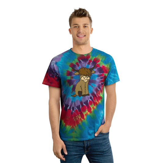 Pastel Tie-Dye Tee with Cute Highland Cow Design, festival, bohemian, trendy graphic tee, custom, Rizz