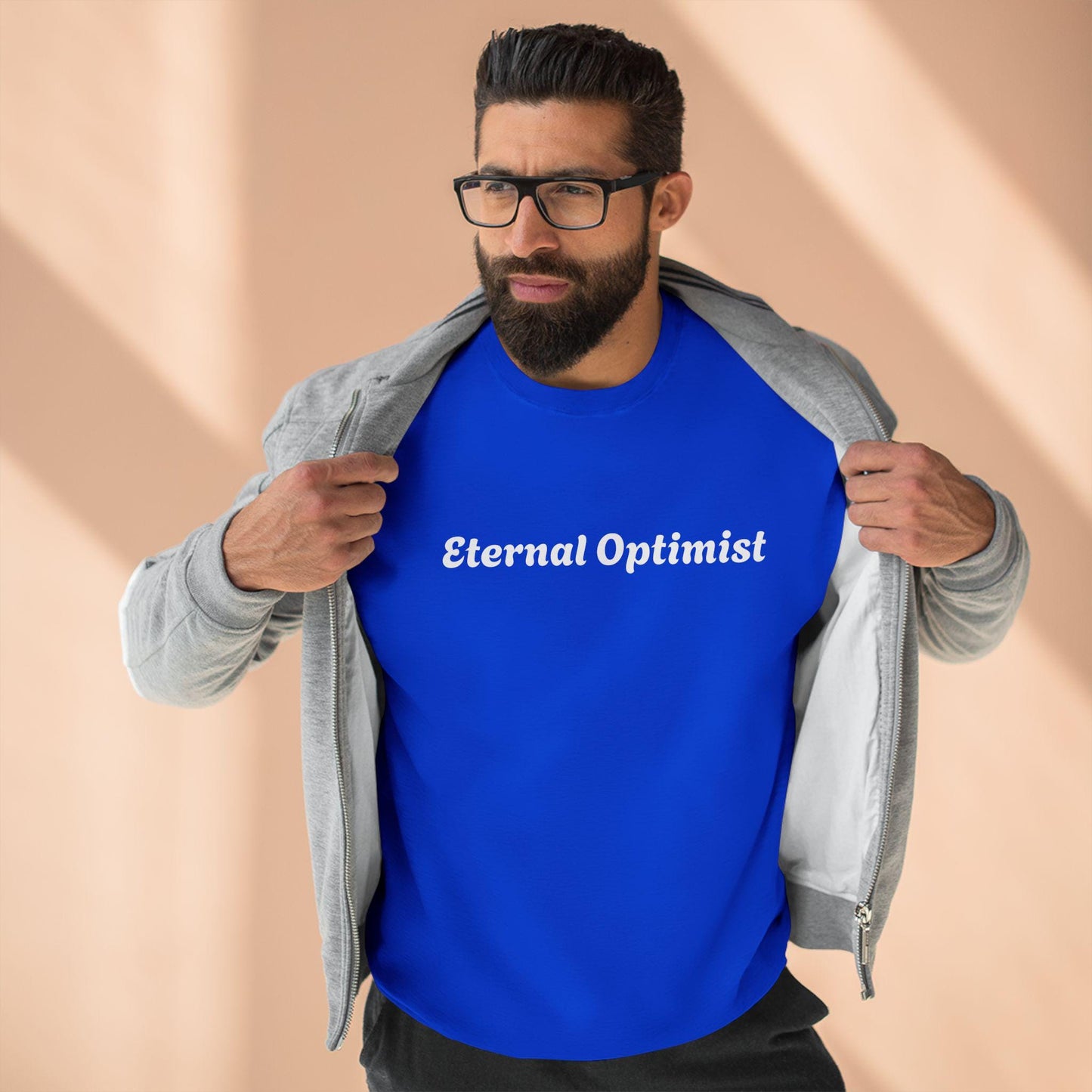 Embrace comfort and positivity with this stylish Unisex Crewneck Sweatshirt., optimism, eternal, trendy, rizz, custom, boyfriend sweater