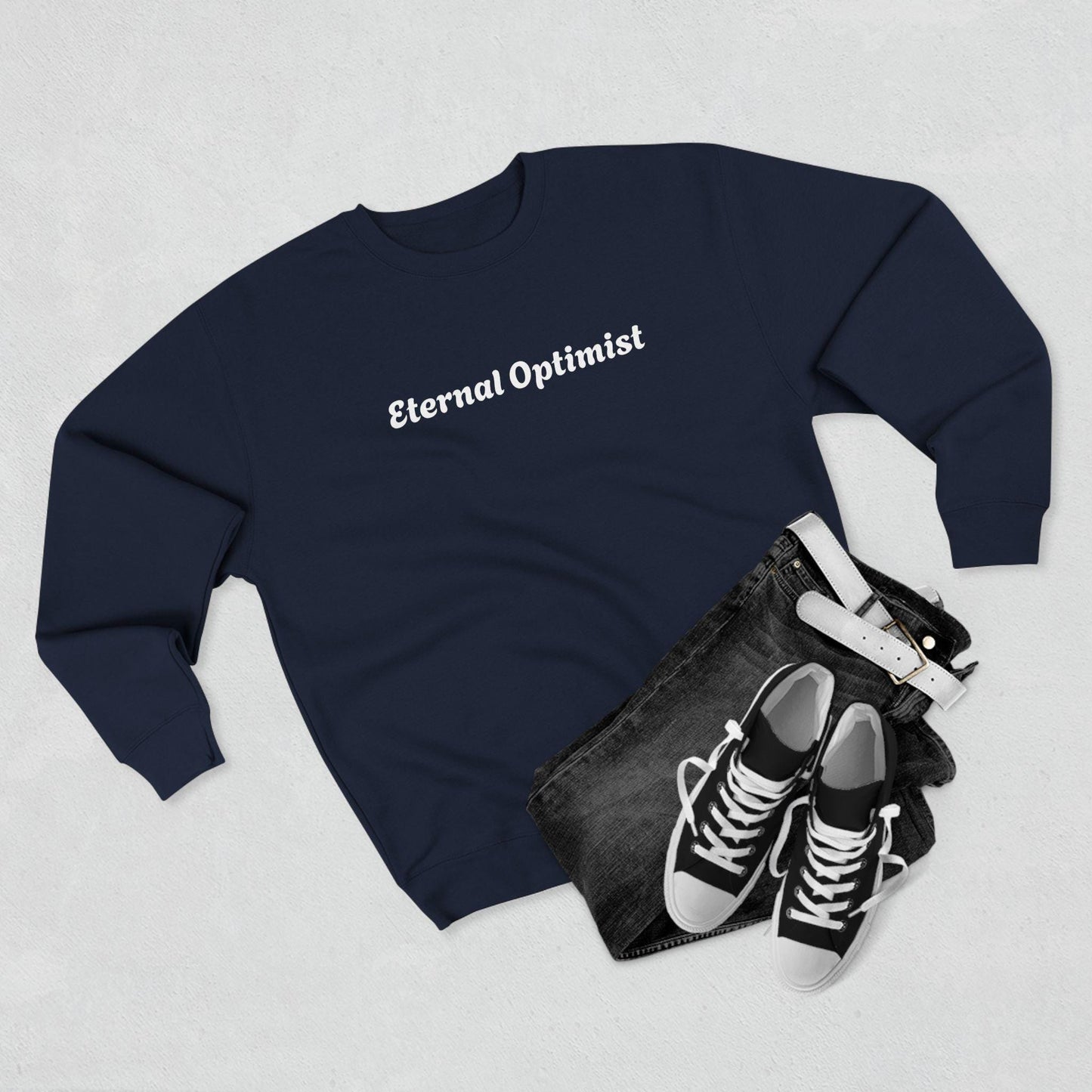Embrace comfort and positivity with this stylish Unisex Crewneck Sweatshirt., optimism, eternal, trendy, rizz, custom, boyfriend sweater