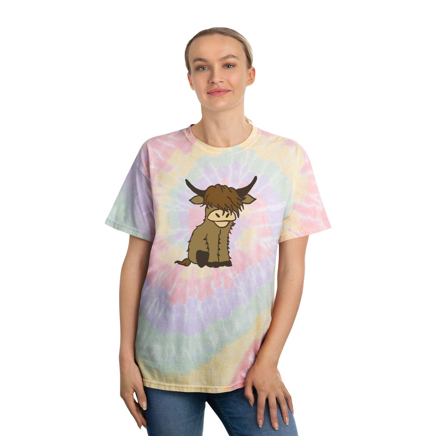 Pastel Tie-Dye Tee with Cute Highland Cow Design, festival, bohemian, trendy graphic tee, custom, Rizz