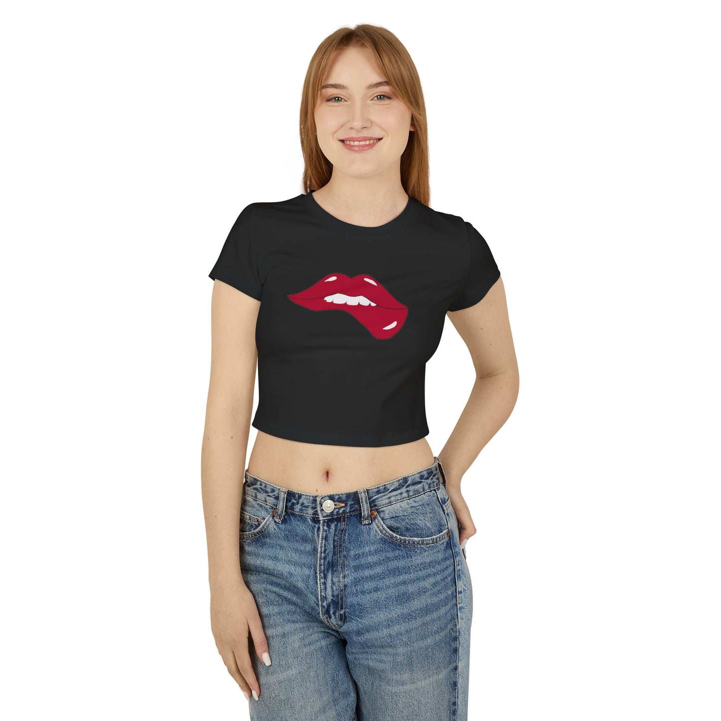 Women's Biting Lip Print Baby Tee - Fun & Stylish Short Sleeve Top for Casual Outings