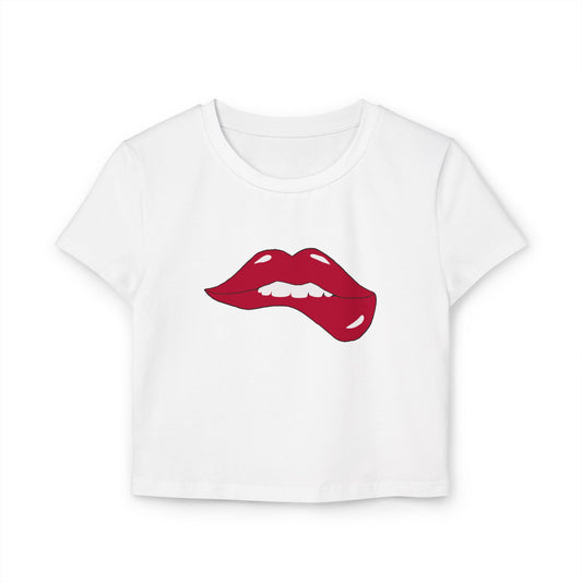 Women's Biting Lip Print Baby Tee - Fun & Stylish Short Sleeve Top for Casual Outings